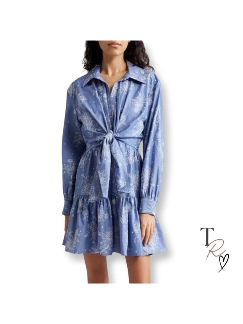 Cinq à Sept NWT Abrielle Tie Front Mini Dress Chambray Floral Blue Size 2